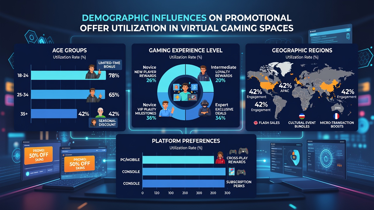 Analytics dashboard displaying demographic breakdowns of promotional offer usage in virtual gaming