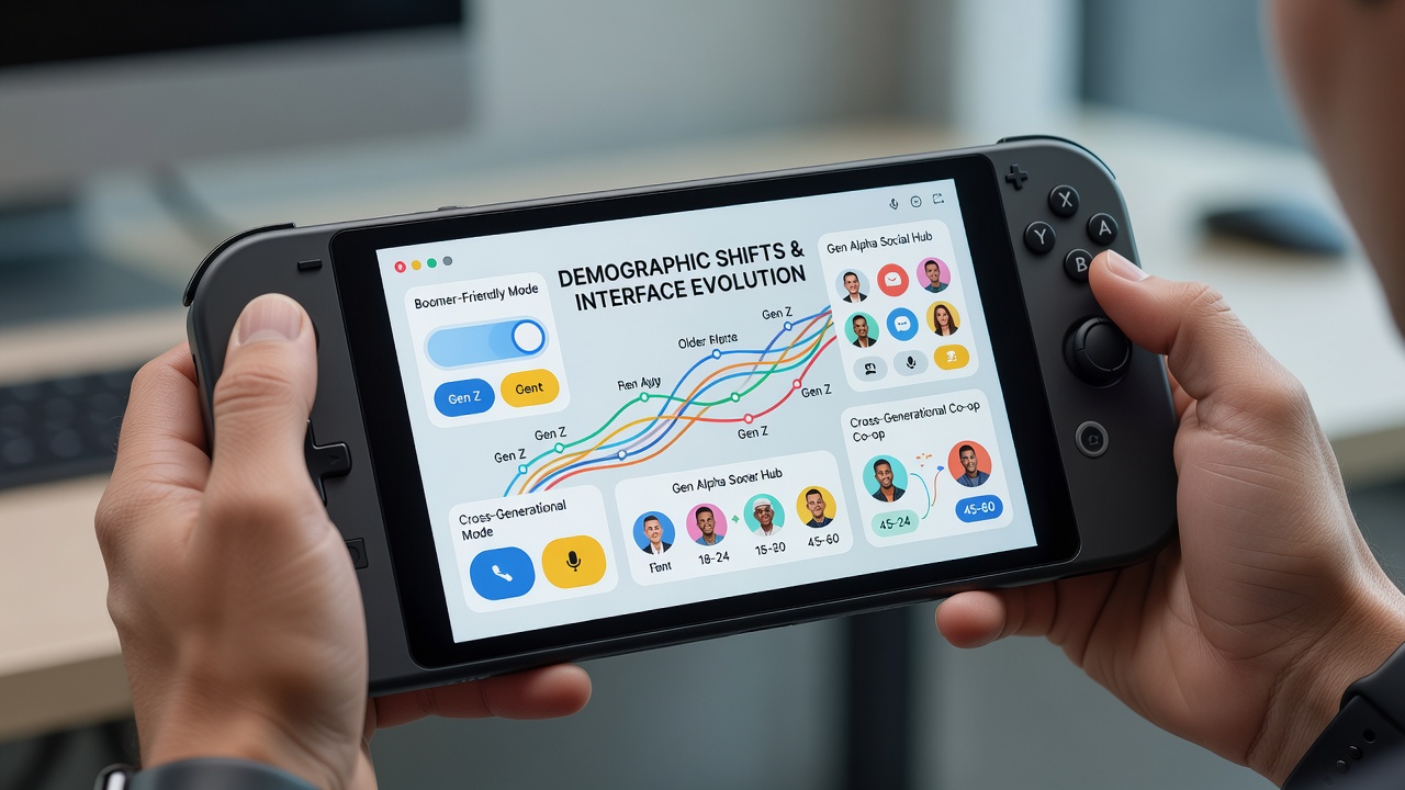 Handheld gaming devices displaying varied interface layouts influenced by user age groups and preferences