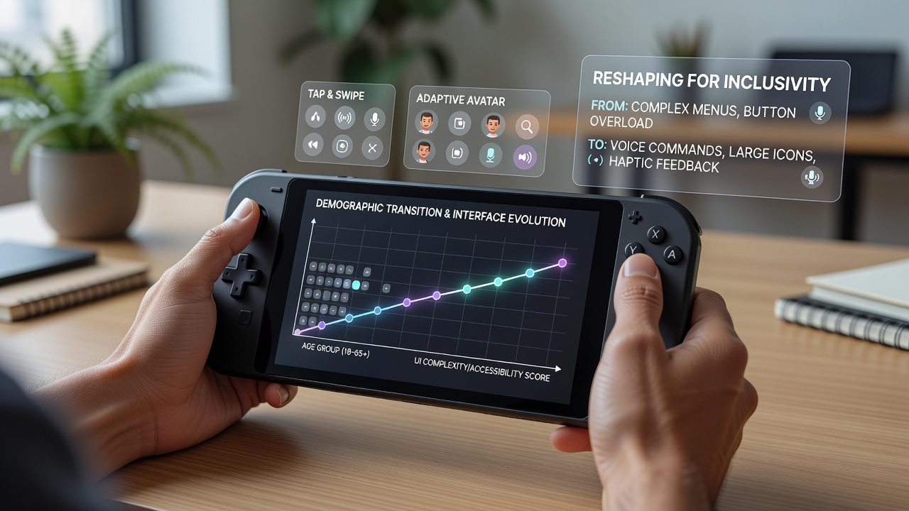 Diverse user groups interacting with customized handheld gaming interfaces showing regional and generational adaptations