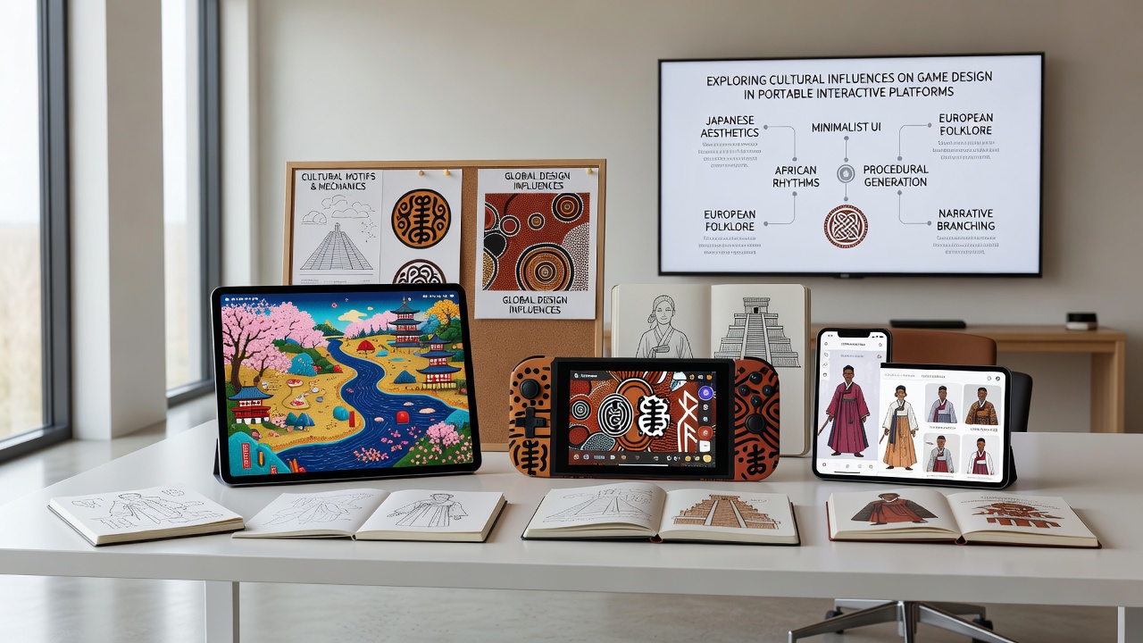Developers reviewing cultural reference materials during a mobile game design session