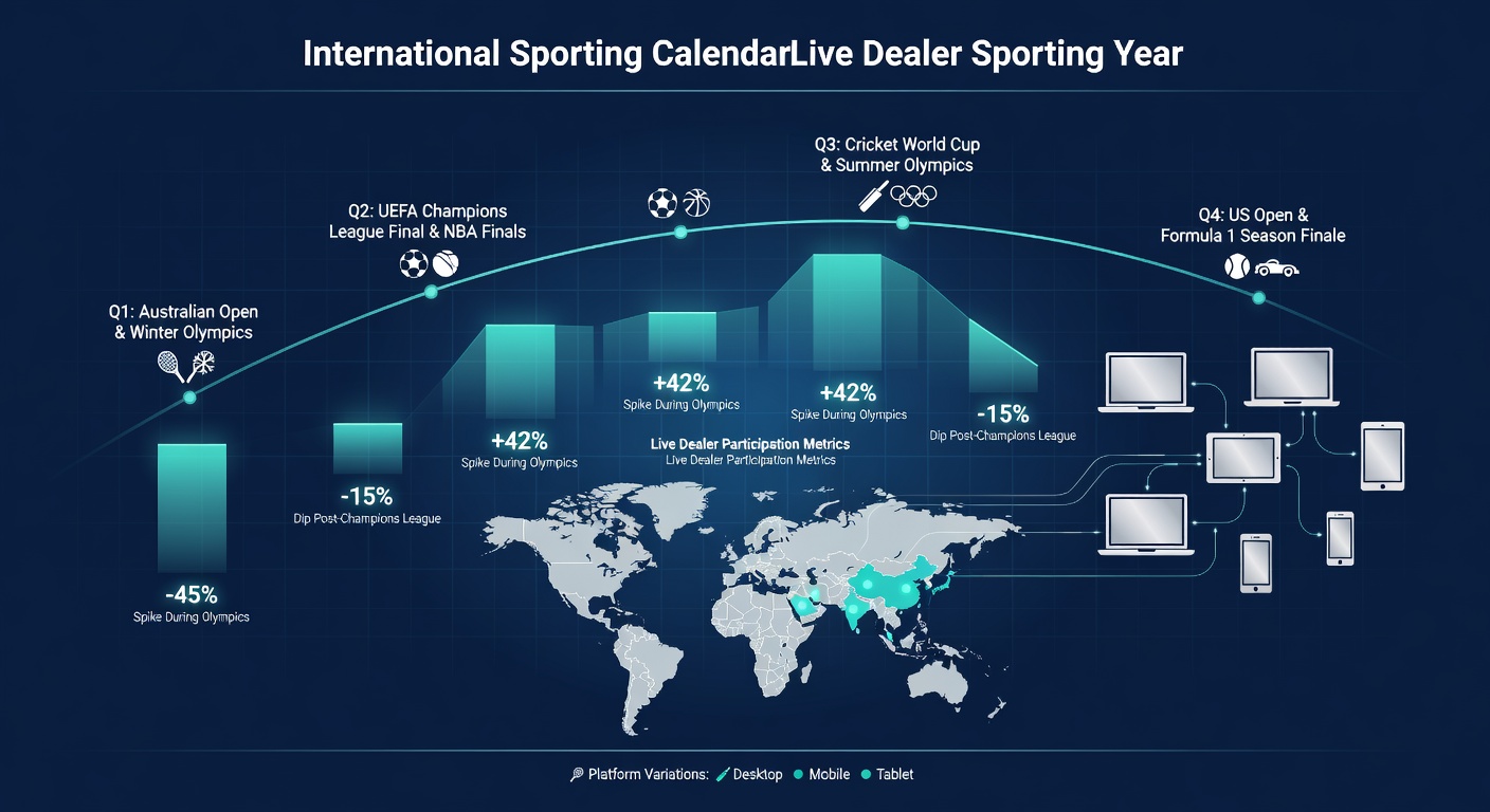 Global sports events calendar overlaid with live dealer casino platform metrics showing participation fluctuations