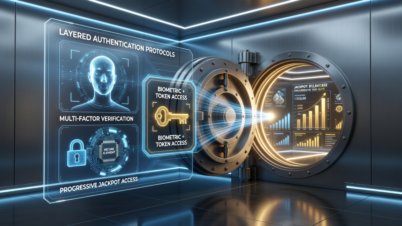 Diagram showing multi-factor authentication flow for accessing progressive jackpot environments