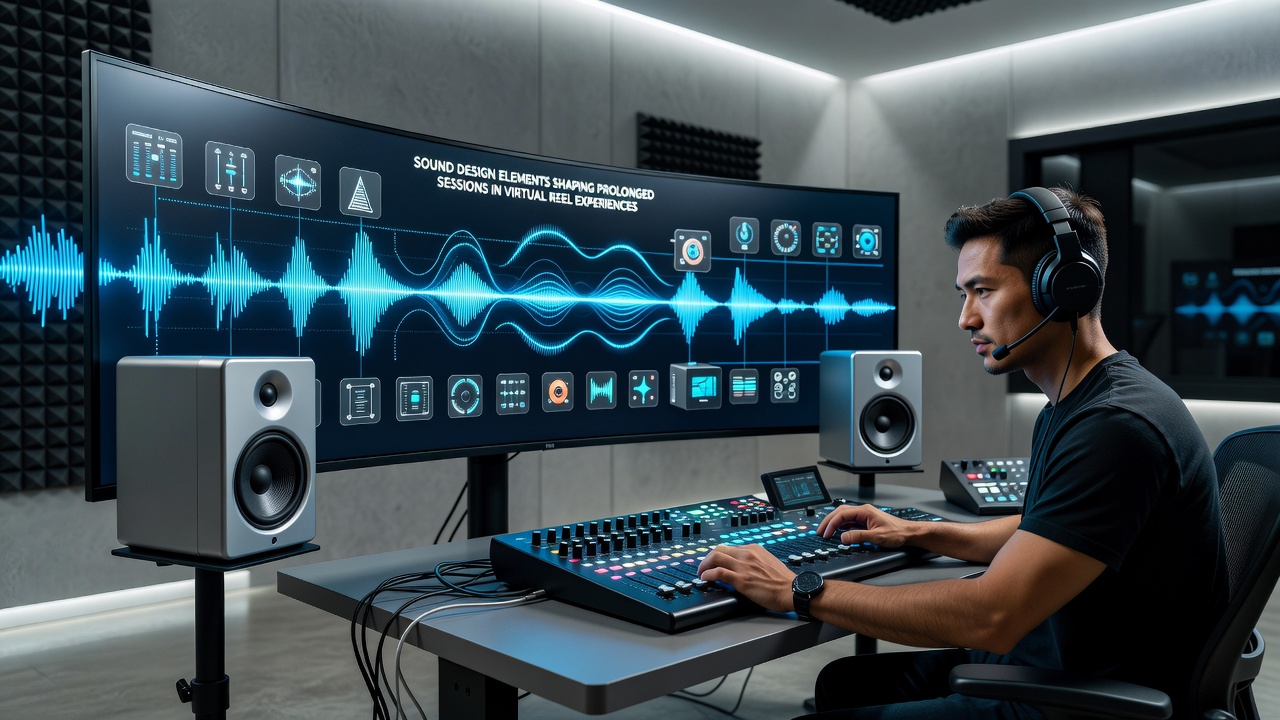 Close-up view of waveform analysis and frequency spectrum displays used in virtual reel sound production
